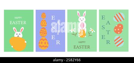 Happy easter geometric design set with eggs and bunny for festive cards or posters. Stock Vector