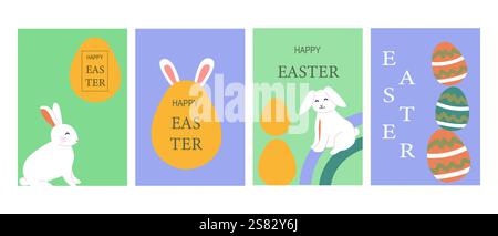 Happy easter celebration with geometric designs and cute bunny illustrations for festive decor. Stock Vector