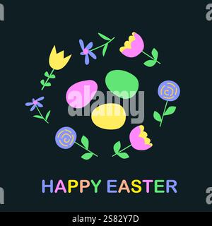 Colorful happy easter egg and floral design for spring celebrations. Stock Vector