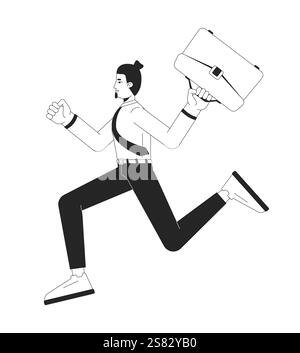Cheerful businessman running with briefcase black and white 2D line character Stock Vector