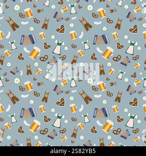 Seamless oktoberfest pattern, bavarian beer festival icons in flat design on blue background Stock Vector