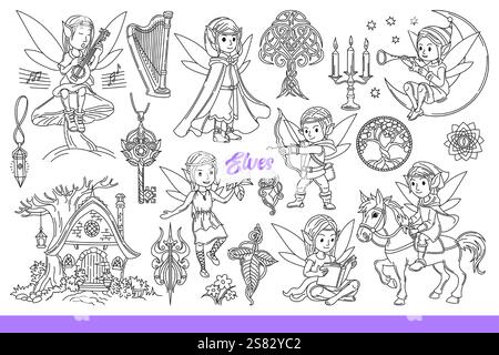 Elves with wings on backs and pointed ears from ancient legends or myths. Elves sitting on crescent moon or horse near fairytale house and magical talismans or musical instruments. Hand drawn. Stock Vector