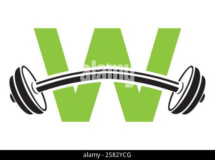 Initial Letter W Gym Logo Design Concept With Straight and Curved Barbell Symbol. Fitness Sign, Bodybuilding, Workout Vector Stock Vector