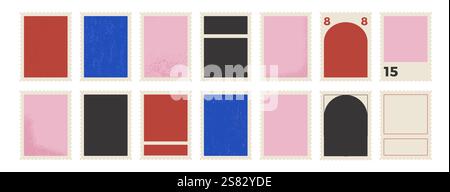 Postage stamps set. Blank empty mail postcard textured pack. Vector hand drawn flat collection illustration isolated on white background. Perforated p Stock Vector