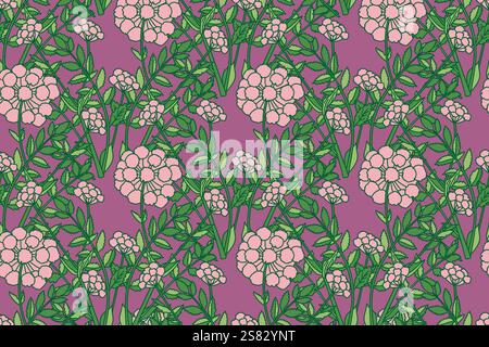 Botanical abstract seamless pattern whit plant and flowers vector illustration. Repeating floral print in retro green purple pastel colors. Graphic de Stock Vector
