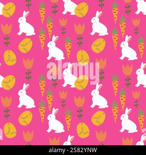 Happy easter patterns with bunnies, eggs, and carrots for festive design. Stock Vector