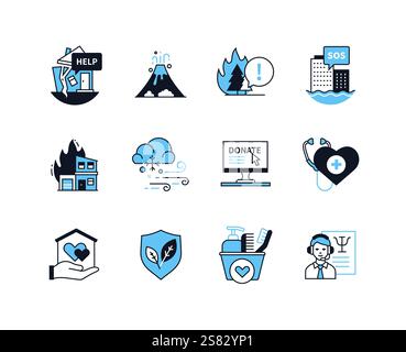 Natural disasters and cataclysms - line design style icons set Stock Vector