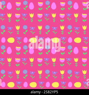Colorful easter patterns with eggs and flowers for festive designs. Stock Vector