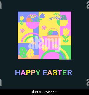 Colorful happy easter patterns with flowers and eggs for spring celebrations. Stock Vector