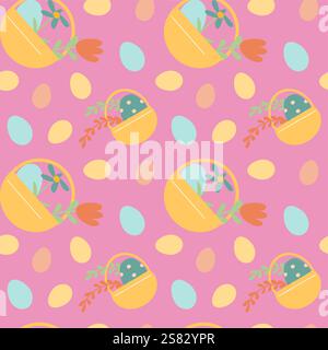 Festive easter basket and egg patterns on vibrant background for spring design. Stock Vector