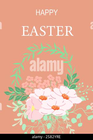 Easter greeting card design with floral wreath and happy message. Stock Vector