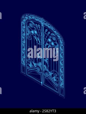 Blue gate with a trim. The door wireframe is ornate Stock Vector