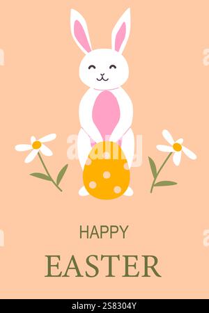 Happy easter bunny with egg and flowers poster design for festive celebration. Stock Vector