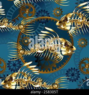 Seamless pattern of golden, jewelry fish skeletons with gears on a blue steampunk background. Steampunk style. Stock Vector