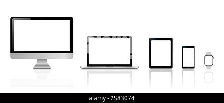 Device screen mockup. Realistic vector design of desktop computer, laptop, tablet, smartphone and smart watch with blank screen on white background an Stock Vector