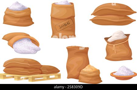 Cartoon rice bags. Wheat harvest bag, row ripe cereal grains in burlap sack pile on wooden pallet, flour storage oat crop seeds sacks agricultural food neat vector illustration original artwork Stock Vector
