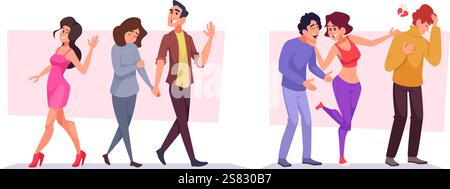 Love conflict. Couple characters in problems relationships exact vector jealousy partners heartbreak concept exact vector peoples in flat style Stock Vector