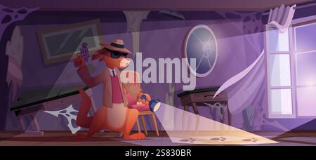 Detective characters. Zoo animals roleplay detective activities something looking and searching evidence exact vector background in cartoon style Stock Vector