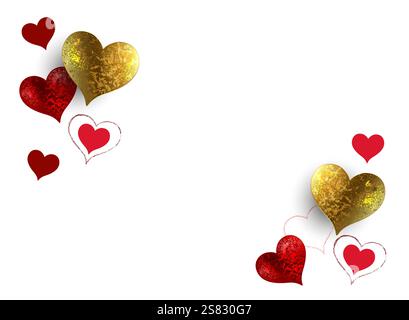 Corner design of textured red and gold valentines made of shiny foil. Textured valentines. Stock Vector