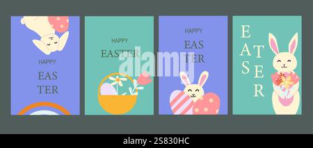 Happy easter geometry design set featuring bunnies and floral elements for holiday cards. Stock Vector