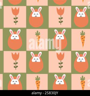 Happy easter themed pattern with cute bunny, carrot, and tulip motifs for festive decoration. Stock Vector