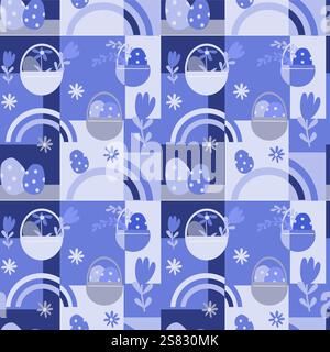 Happy easter patterns with decorative eggs and baskets theme for festive designs. Stock Vector