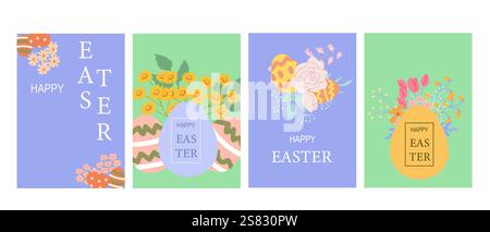 Colorful easter cards with floral designs and happy easter greetings. Stock Vector