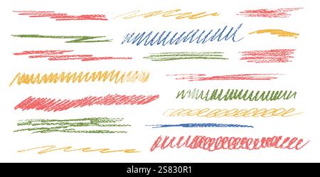 Crayon underline set. Pencil scribble lines pack. Vector hand drawn brush stroke collection illustration isolated on white background. Kids highlights Stock Vector