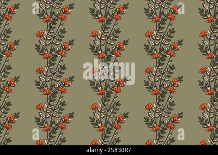 Botanical abstract seamless plant pattern with wildflowers vector illustration. Repeating floral print in vintage green pastel colors. Graphic design Stock Vector
