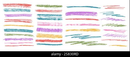 Crayon underline set. Pencil scribble lines pack. Vector hand drawn brush stroke collection illustration isolated on white background. Kids highlights Stock Vector