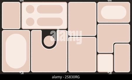 Scallop edged frame template. Bento collage grid shapes. Geometry modular moodboard borders with perforation. Label textboxes Lace frill pack. Trendy Stock Vector