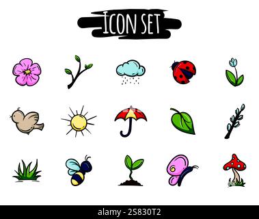 Colored set of icons related to spring, nature, season, plants and insects. Simple vector signs and symbols for website Stock Vector