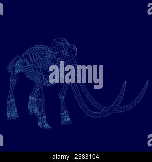 Blue image of a skeleton elephant with its tusks showing. The image is a digital rendering of a skeleton elephant, and it is a stylized representation Stock Vector