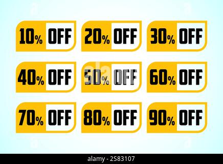 Up to 10, 20, 30, 40, 50, 60, 70, 80, and 90 percent off, Sale tags set. Sale offer sign. Special offer symbol. Discount promotion Stock Vector