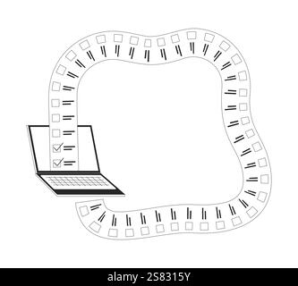 Laptop with continuity list tasks black and white 2D line object Stock Vector