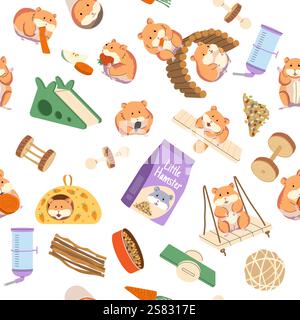hamster pattern. domestic little animals hamster playground items toys and products. vector seamless background Stock Vector