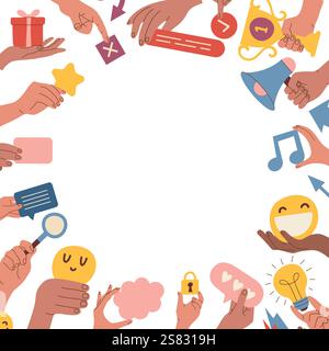 hands holding. web icons in hands clouds arrows emoticons stars and bubble talks pictures set Stock Vector