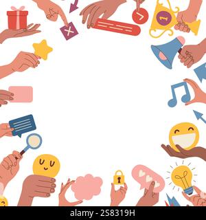 hands holding. web icons in hands clouds arrows emoticons stars and bubble talks pictures set original artwork Stock Vector