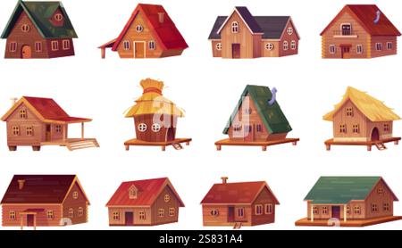 Cartoon wooden cabins. Wood log houses, mountain chalet travel hotel bungalow forest camp hut rustic village cottage family summer home shack cabin set, swanky vector illustration original artwork Stock Vector