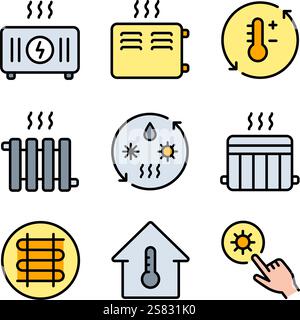 Hvac icons set. Home Heating Icon collection. Perfect for logos, stats and infographics. Simple color signs for templates, web design, logo. Stock Vector