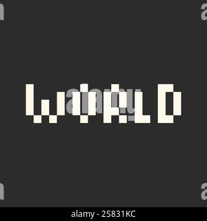 World Pixel text White on dark background. Vintage inscription in trendy minimalism. Pixel art idea. Isolated Vector illustration Thematic cards, leaflets, motivation, price, label or web promo banner Stock Vector