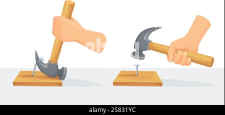 Hand hammering nails. Builder or carpenter holding hammer in hands hit on hammered steel nail, pull removing nails wooden board, physics force experiment neat vector illustration original artwork Stock Vector