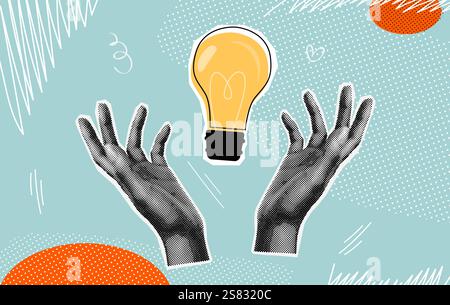 Idea halftone collage. Bulb light lamp in realistic hands paper vintage collage art , brain creative business think invention success solution concept design vector illustration original artwork Stock Vector