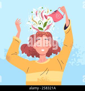 Growth positive think. Grow mindset and optimistic thinking, self improvement mental health happy mind woman watering plant flower brain in head, concept classy vector illustration original artwork Stock Vector