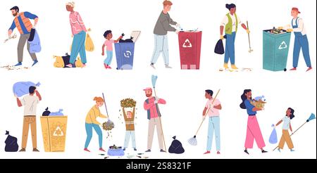 People collect garbage. Family sorting trash, cleanup litter volunteer help cleaning city park or beach, pick recycle or plastic waste in rubbish can set classy vector illustration original artwork Stock Vector