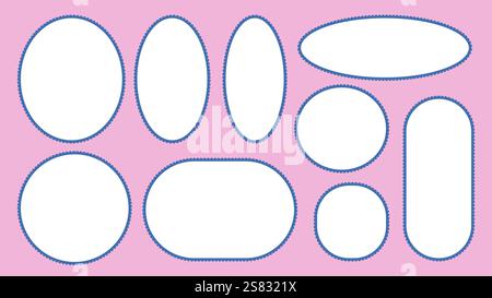 Scallop edged circular frame templates set. Oval and rectangle shapes. Geometry borders with perforation. Lace frill pack. Trendy blocks blank layout. Stock Vector