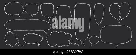 Speech bubbles doodle set. Crayon doodle quote frame. Chat dialog boxes. Comic talk text boxes by chalk or pencil isolated on dark background. Childis Stock Vector