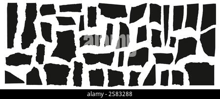 Set of torn papers. Tear sheet pieces black pack. Blanks with uneven textured edges. Newspapers cutouts. Empty colorful stylized callouts figures for Stock Vector