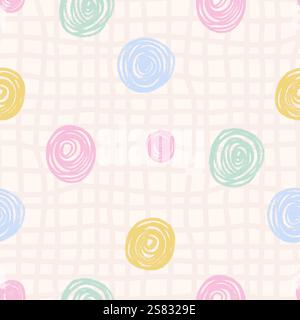 Polka dots seamless pattern pastel drawn. Circle confetti endless background. Birthday round points by pencil repeat cover. Scribble spots marker draw Stock Vector