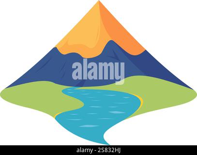 Stylized mountain landscape with flowing river, featuring natural and adventurous scene in vibrant colors Stock Vector